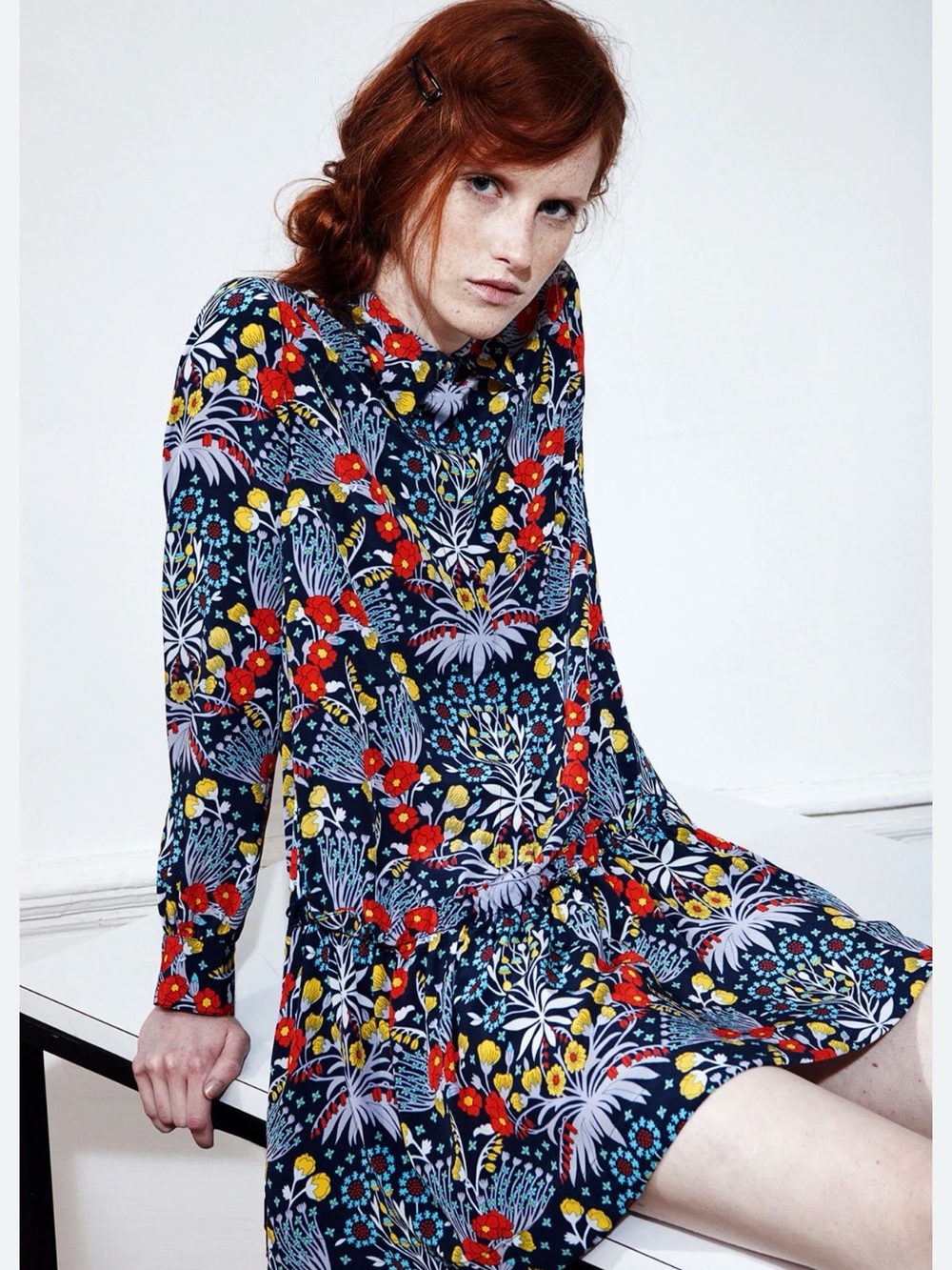 Marc by Marc Jacobs Navy Floral Long-Sleeve Dress with Red & Yellow Flowers